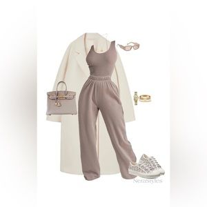 Two piece mocha jogger set top is a leotard that snaps
